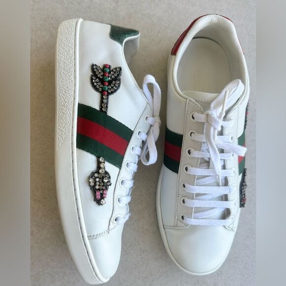 Gucci White Leather Ace Web Arrow Embroidered Low Top Sneakers size 38.5 White - Picture 2 of 12